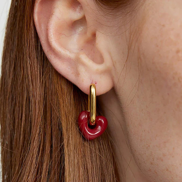 Gold-Toned Hoop Earrings with Red Heart
