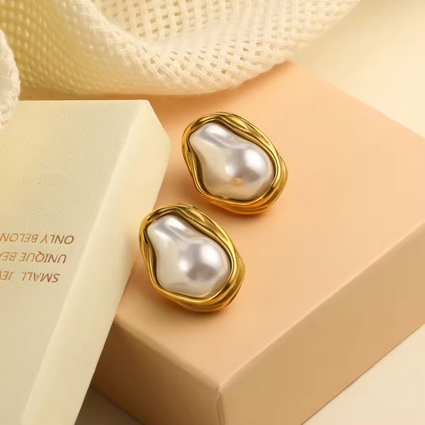 Baroque Pearl Stud Earrings with Gold-Toned